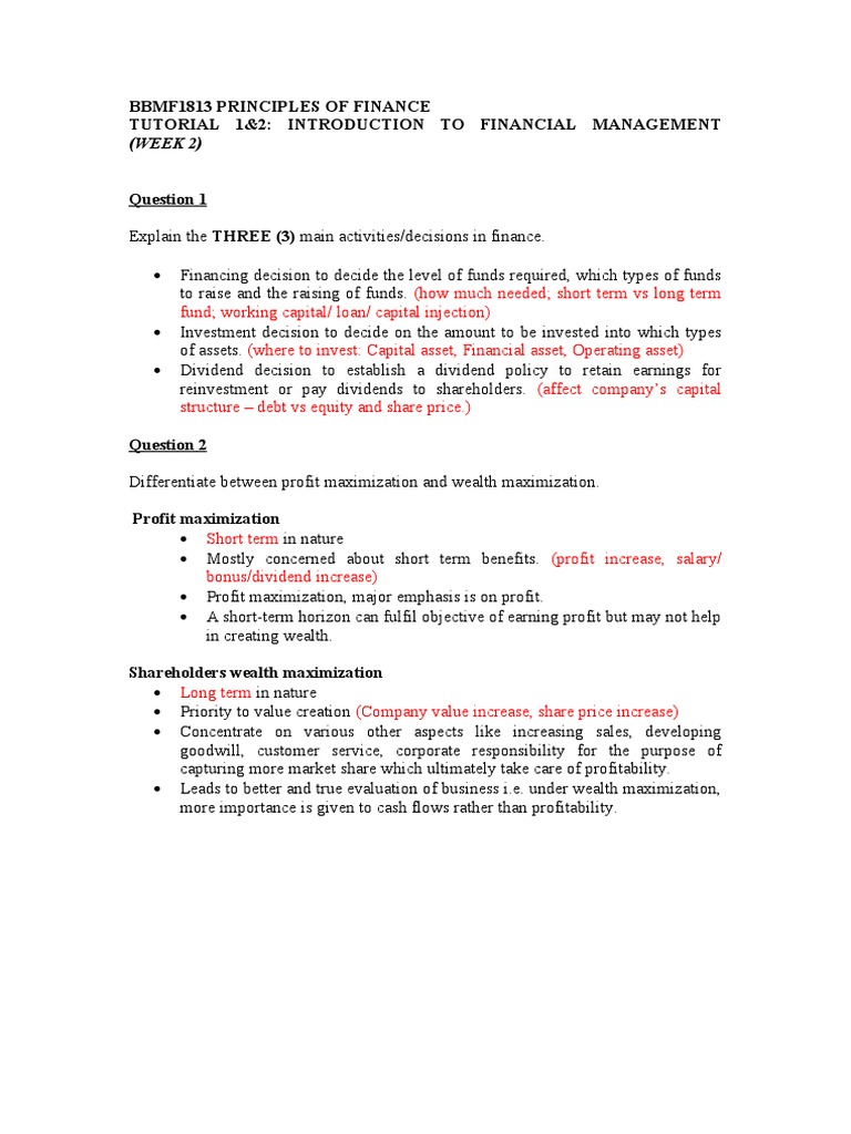 (WEEK 2) : Bbmf1813 Principles of Finance Tutorial 1&2: Introduction To ...