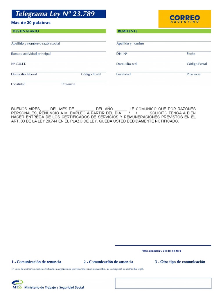 Valor Carta Documento Correo Argentino