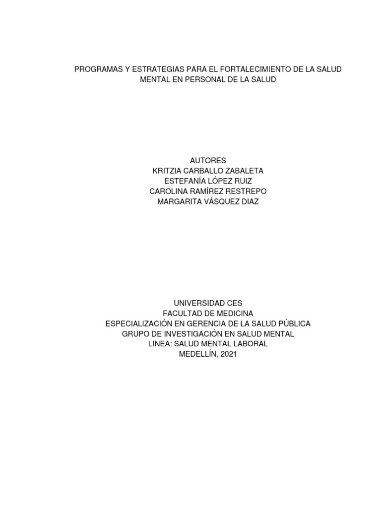 Programas y Estrategias para El Fortalecimiento de La Salud Mental en ...