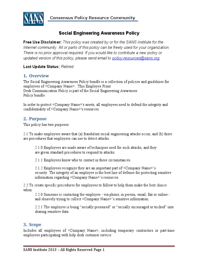 Social Engineering Awareness Policy | PDF | Social Engineering ...