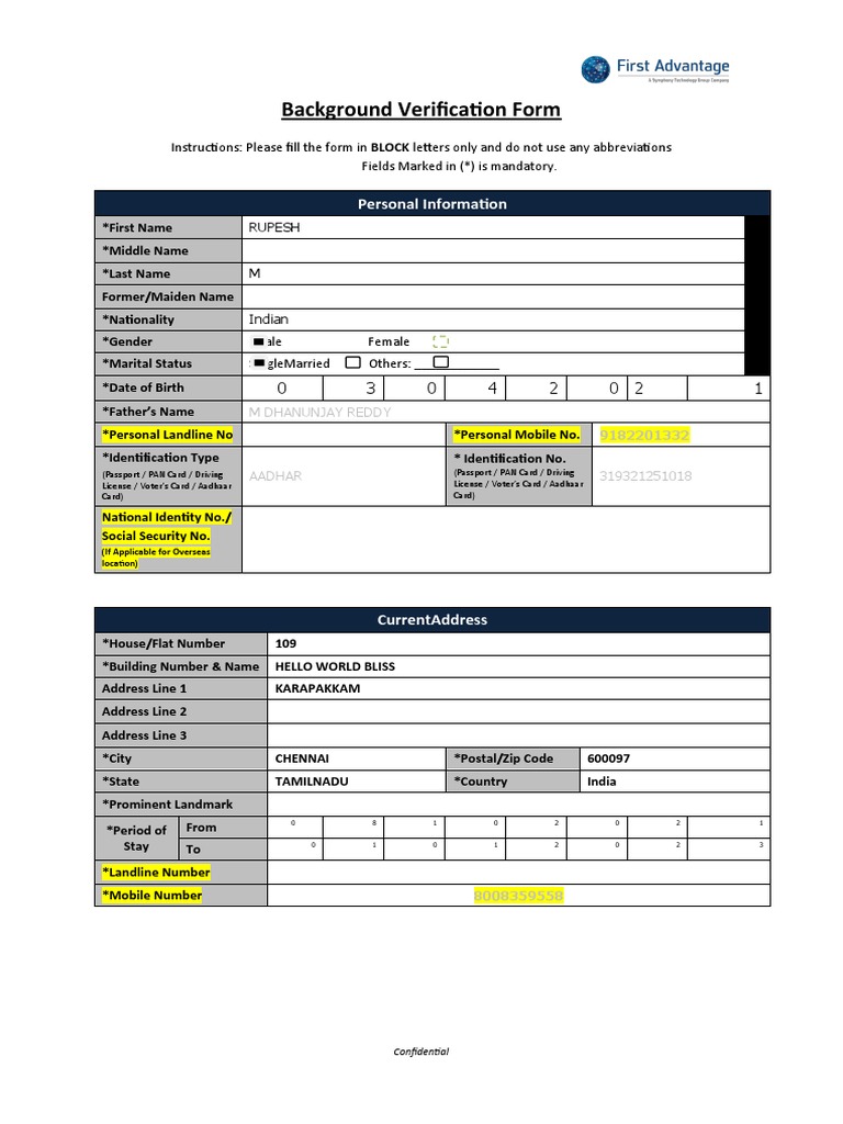 Background Verification Form Template | PDF | Identity Document ...