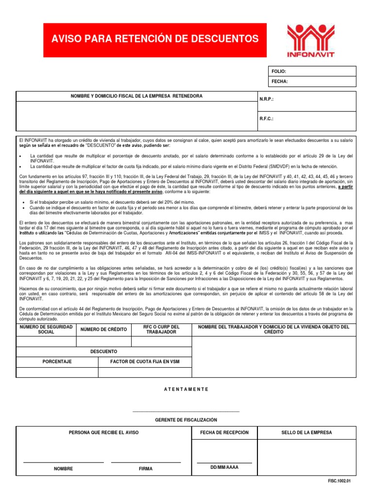 Aviso de Retención de Descuentos Del Infonavit | PDF | Salario mínimo ...