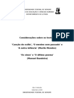 Considerações Sobre 'Canção Do Exílio', 'O Menino Sem Passado' e 'A Outra Infância' de Murilo Mendes e 'Os Sinos' e 'O Último Poema' de Manuel Bandeira - Literatura Brasileira III