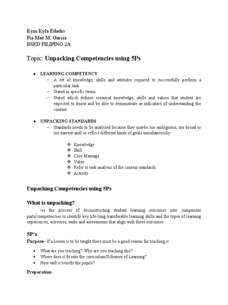 Unpacking Competencies Using 5Ps (Edades & Garcia P.) | PDF
