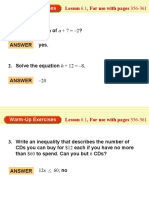 Warm-Up Exercises: 1. Is - 9 A Solution of A + 7 - 2? Answer Yes