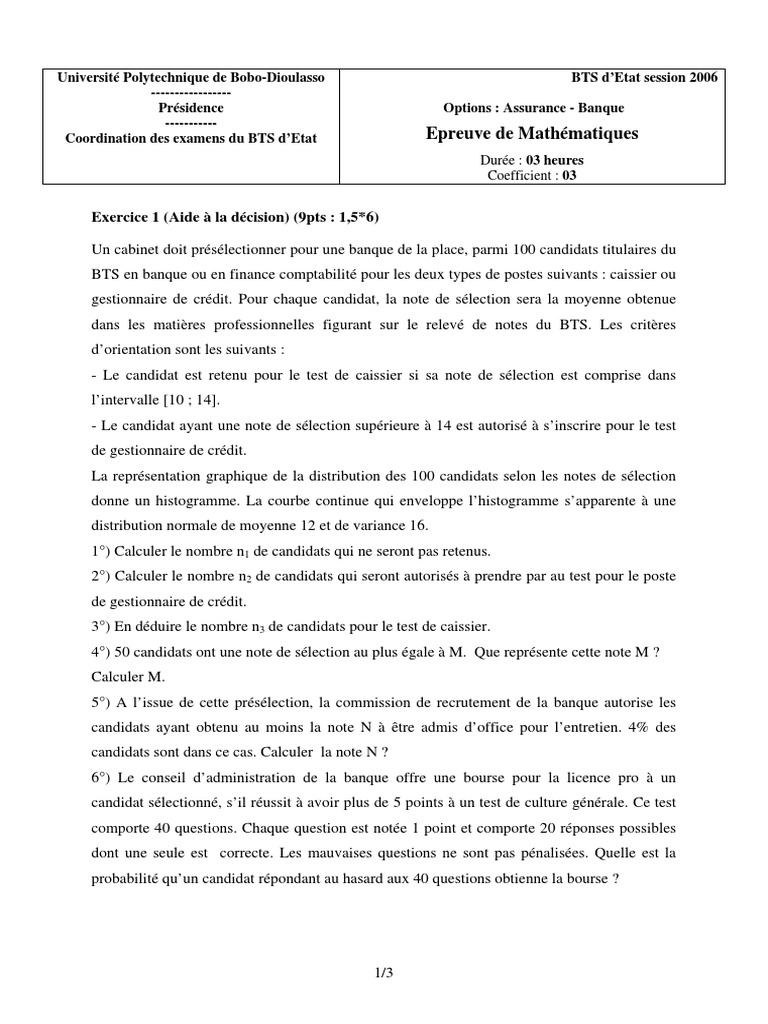 BTS 2006 : Épreuve de Mathématiques | PDF | Intervalle de confiance