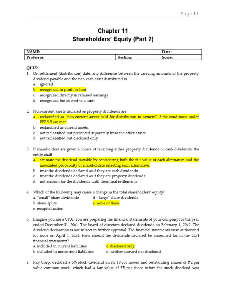 Shareholders' Equity (Part 2) Name Date Professor Section Score Quiz PDF Dividend