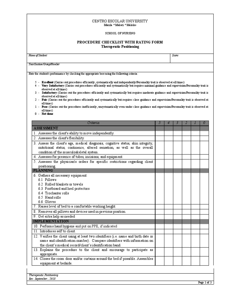Procedure Checklist With Rating Form Therapeutic Positioning | PDF ...