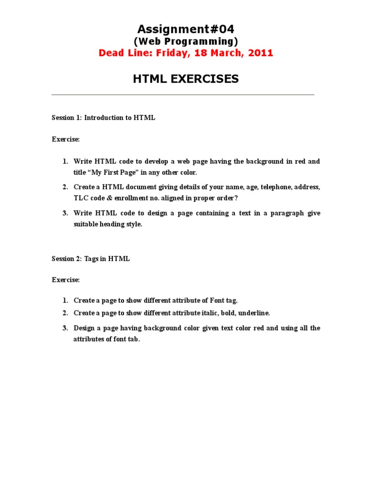 Assignment#04: Dead Line: Friday, 18 March, 2011 | PDF | Html Element ...
