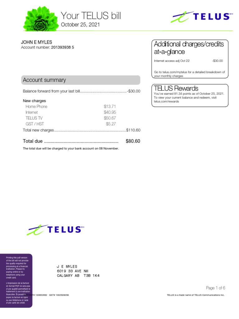 Your TELUS Bill Account Summary PDF Credit Card