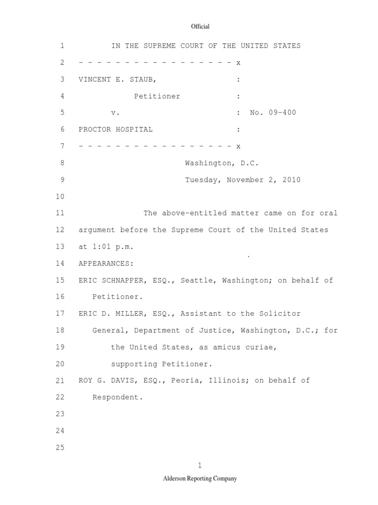 Supreme Court Oral Arguments in Staub v. Proctor Hospital Employment Discrimination Case PDF