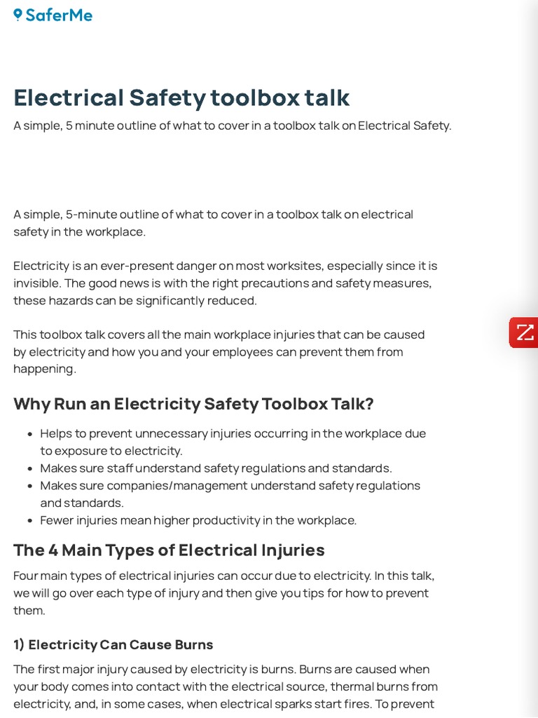 Electrical Safety Toolbox Talk Saferme PDF Occupational Safety And