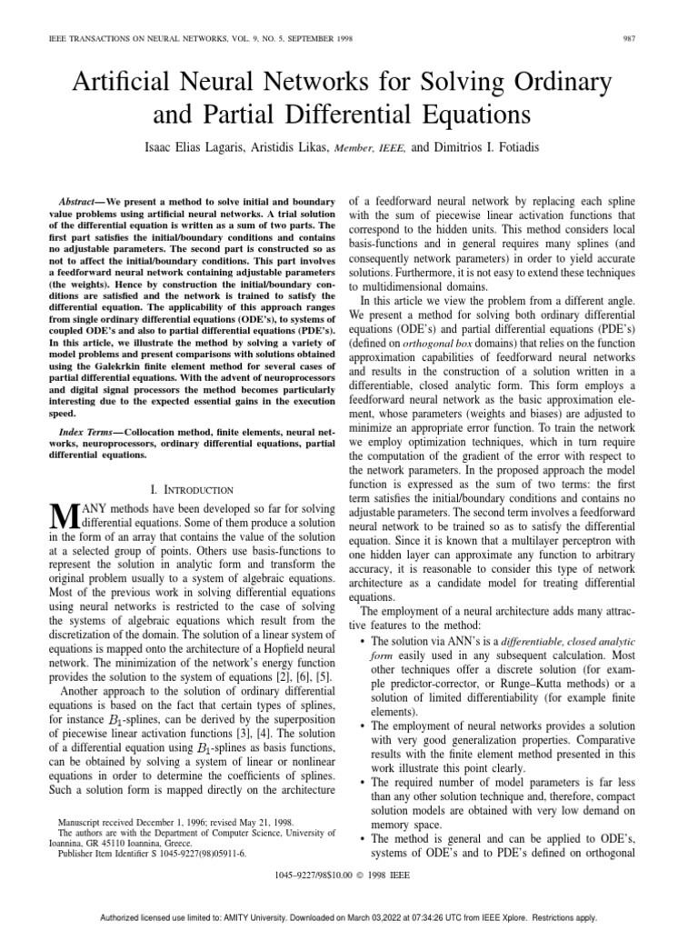 Artificial Neural Networks For Solving Ordinary and Partial ...