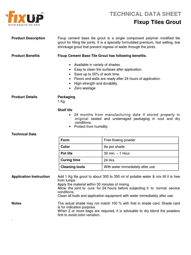 Technical Data Sheet Fixup Tiles Grout PDF Tile Cement