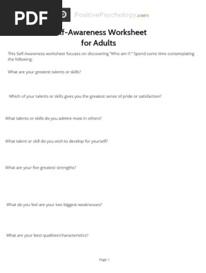 Self Awareness Worksheet For Adults | PDF
