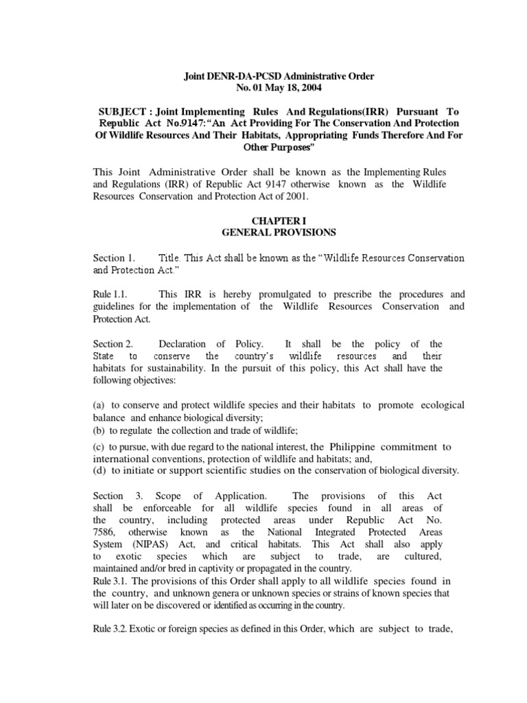 IRR of RA 9147: Wildlife Conservation | PDF | Environmental Impact ...