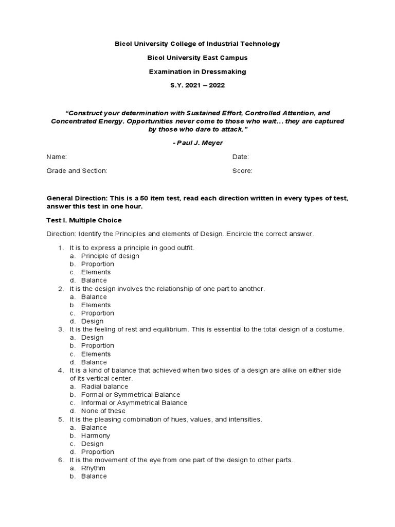 Examination in Dressmaking PDF Textiles Yarn