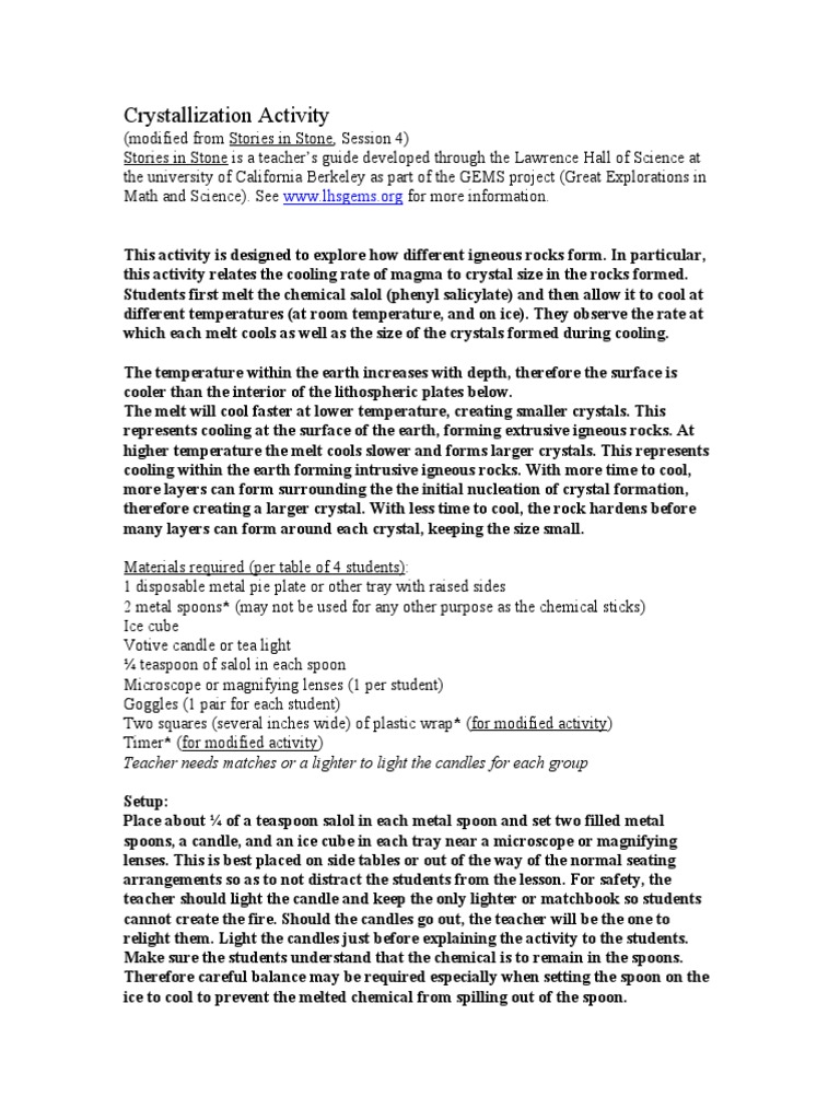 Crystallization Activity Teacher Notes | PDF | Igneous Rock | Rock ...