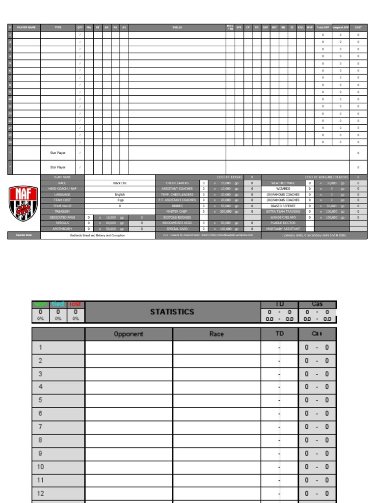Blood Bowl 2020 Roster v1.5 | PDF | Microsoft Excel