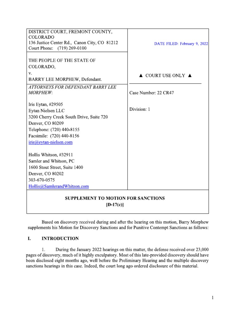 People of Colorado v. Barry Morphew Supplement To Motion For Sanctions