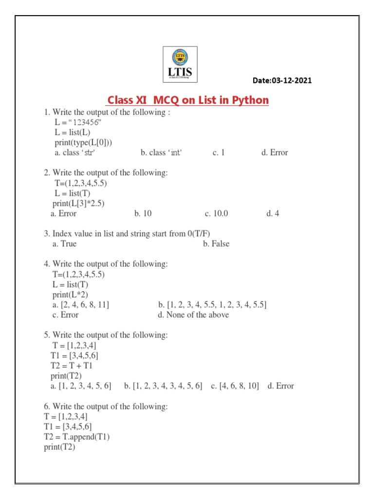Class Test MCQ On List in Python | PDF