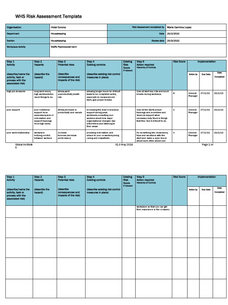 WHS Risk Assessment for Hotel Housekeeping | PDF | Risk | Risk Assessment