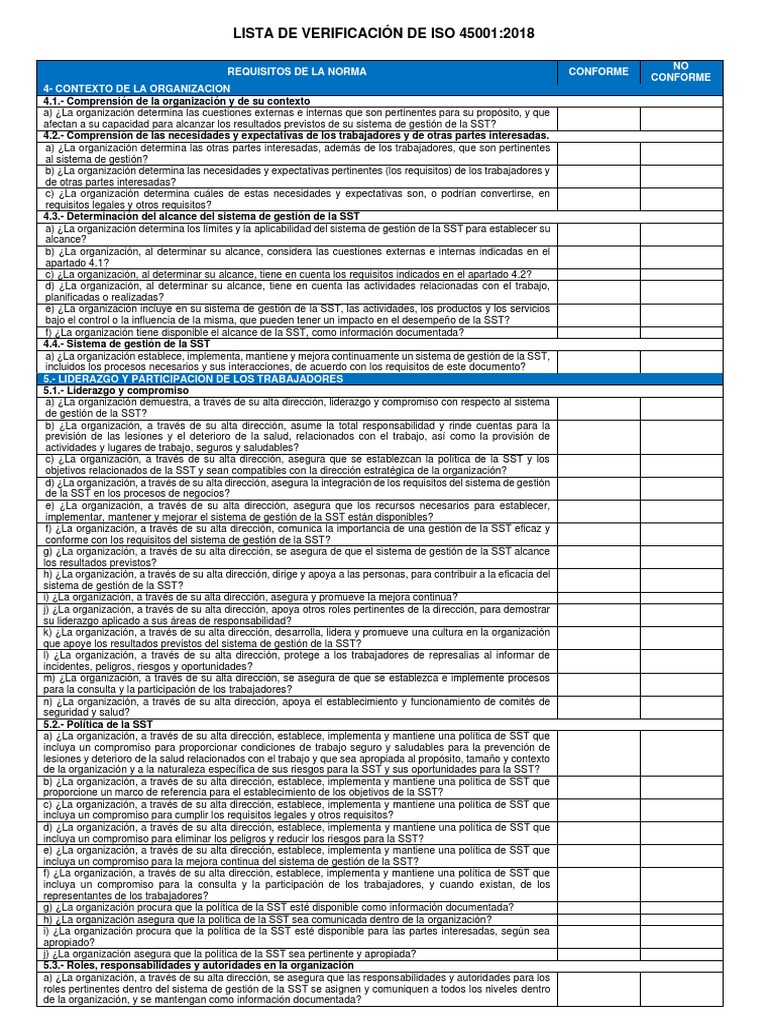 Lista de Verificación ISO 45001 | Descargar gratis PDF | Planificación ...