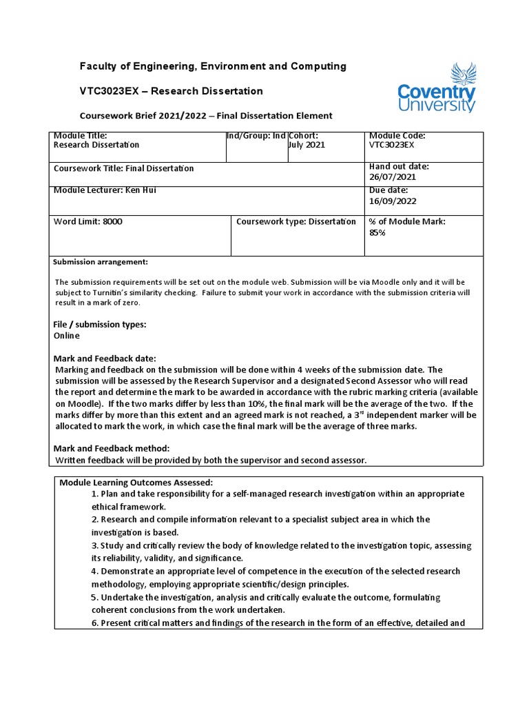 VTC3023EX Dissertation Brief 2021/22 | PDF | Thesis | Science