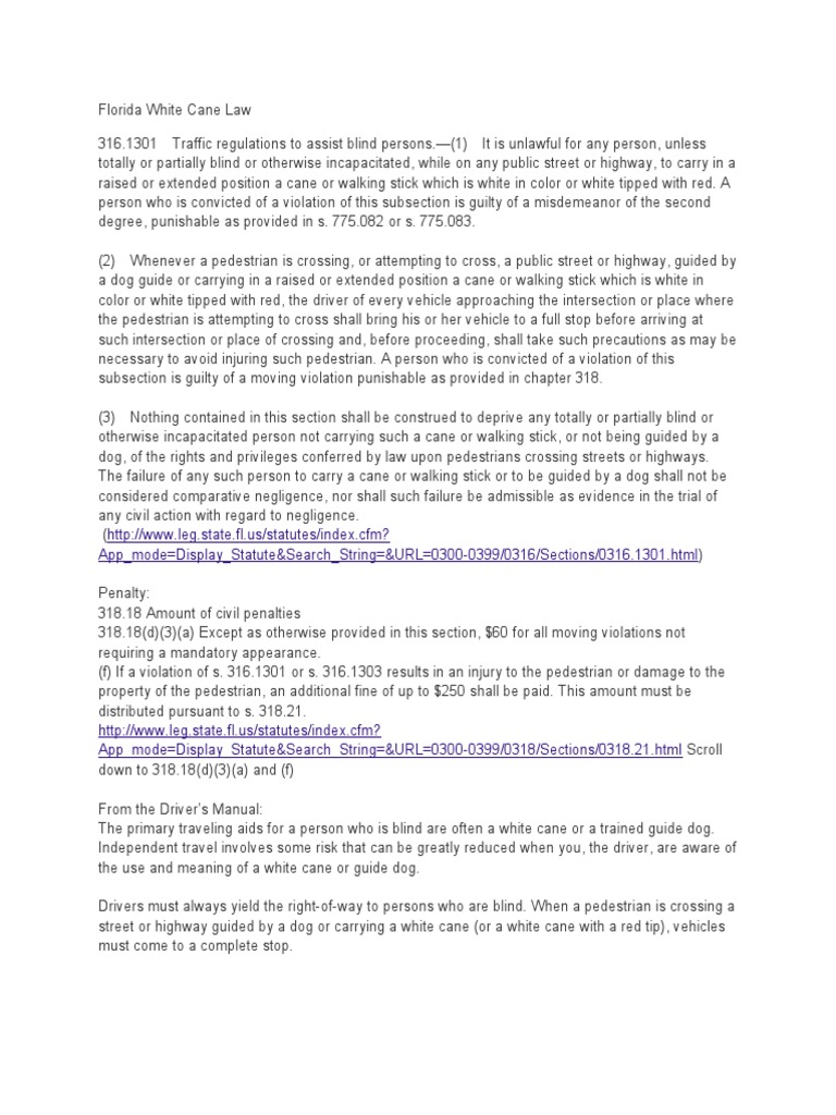 Florida White Cane Law Download Free PDF Traffic Highway