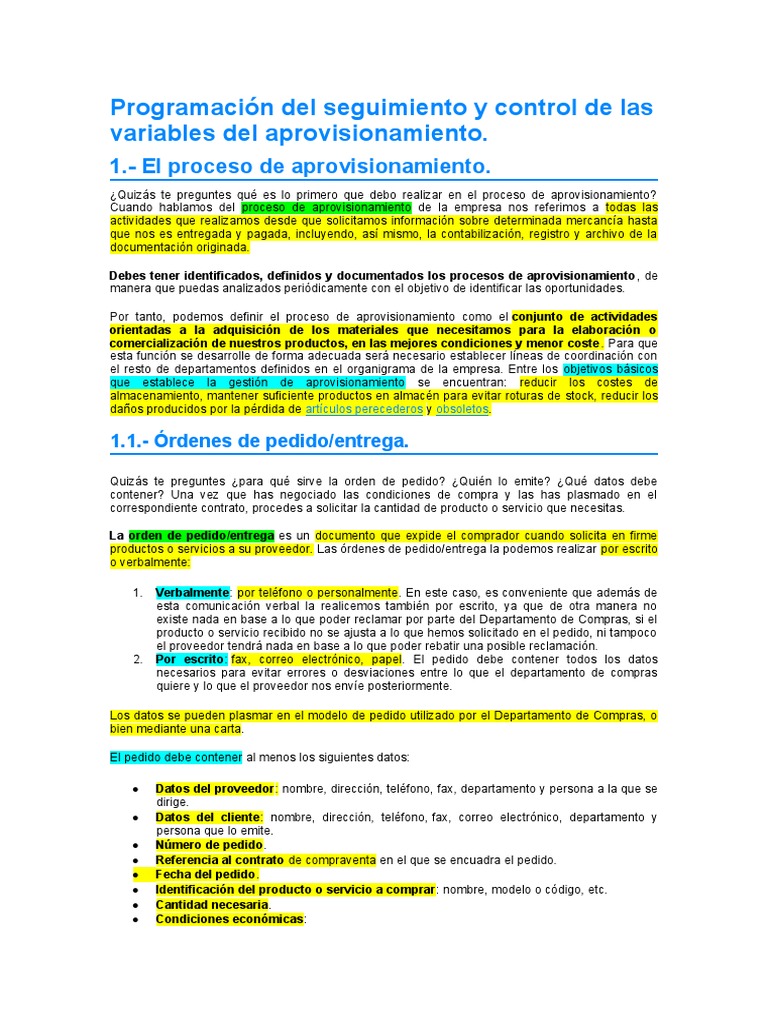 Control y Seguimiento del Aprovisionamiento | PDF | Factura | Calidad ...