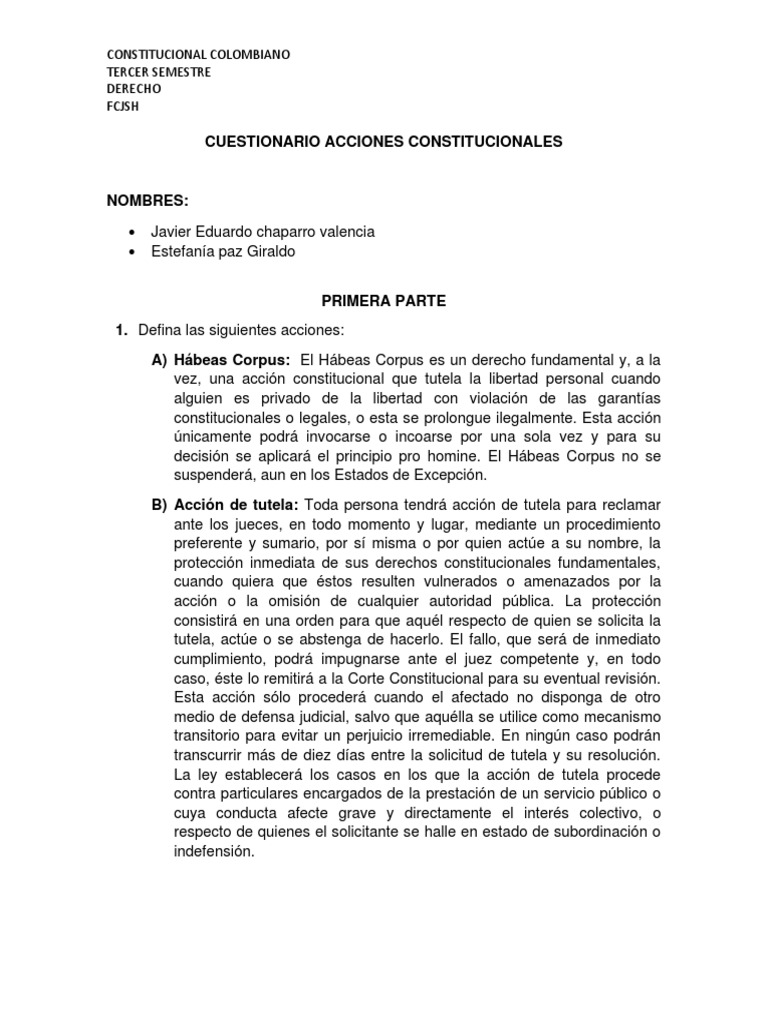 Acciones Constitucionales en Colombia | PDF | Habeas corpus | Derecho ...