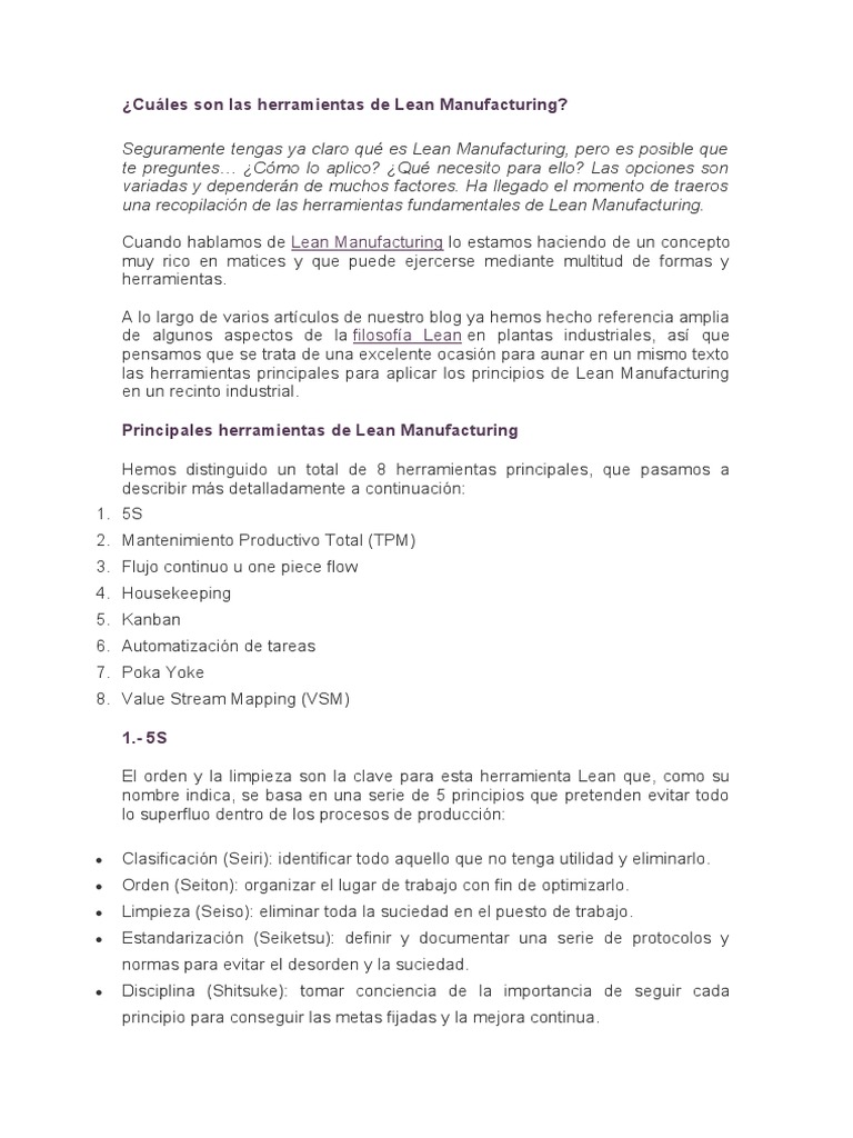 Cuáles Son Las Herramientas de Lean Manufacturing | PDF