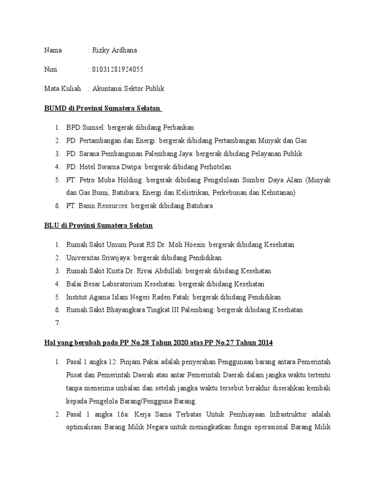Bumd Dan Blu Di Provinsi Sumatera Selatan Serta Perubahan Pp No 28