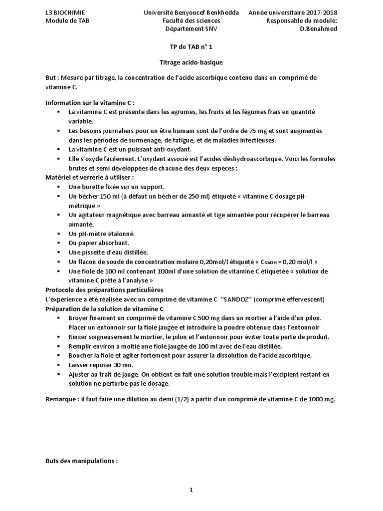 Titrage de l'acide ascorbique en TP | PDF | Ph | Hydroxyde de sodium