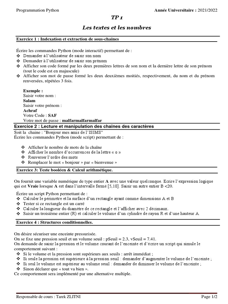 tp1 2022 | PDF | Python (Langage de programmation) | Booléen
