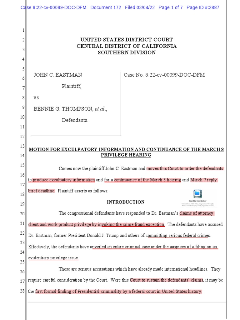Eastman V HSCJ6 Motion For Continuance & Production of Exculpatory