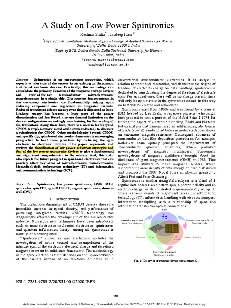 A Study On Low Power Spintronics Reshma Sinha, Jasdeep Kaur PDF