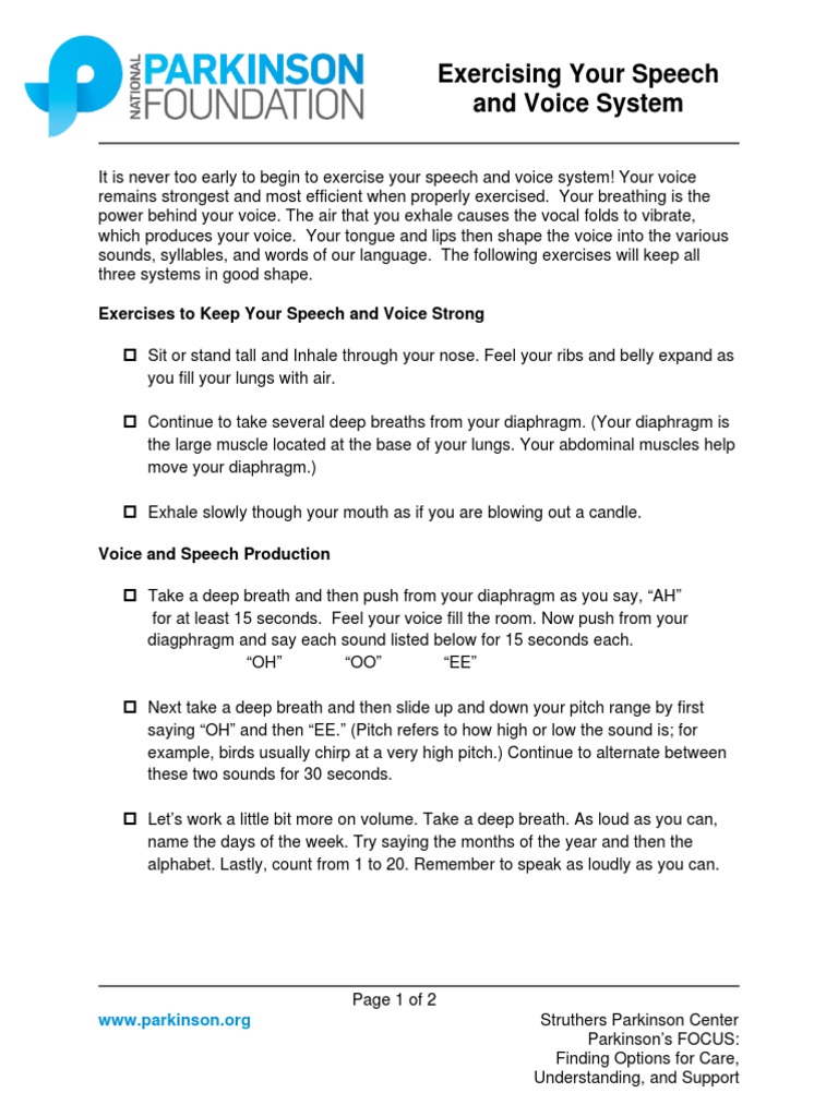 Speech and Voice Exercises for Parkinson's | PDF | Human Voice | Breathing
