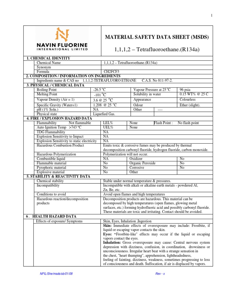 1,1,1,2 Tetrafluoroethane. (R134a) Material Safety Data Sheet (MSDS