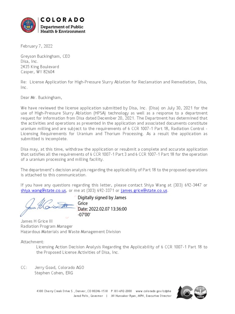 CDPHE License - Letter To Disa and Licensing Action Decision Analysis ...