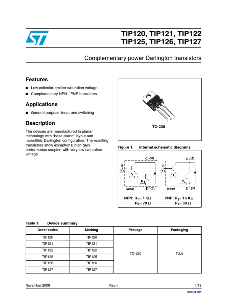 TIP120, TIP121, TIP122 TIP125, TIP126, TIP127: Complementary Power ...
