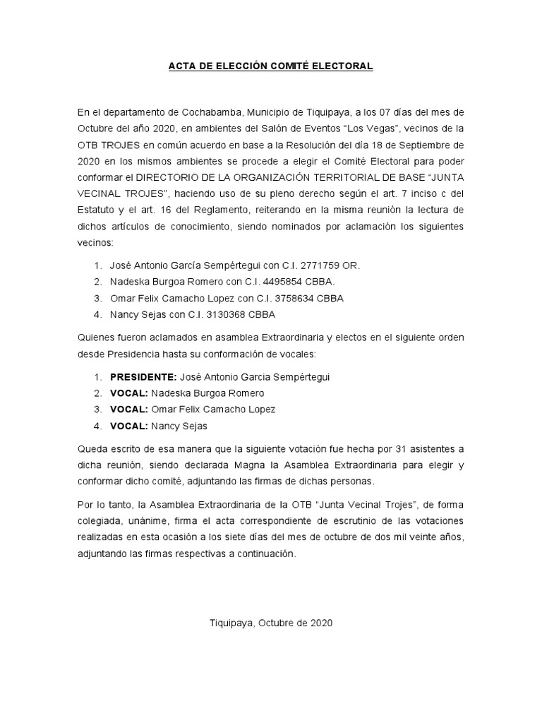 Acta de Elección del Comité Electoral | PDF