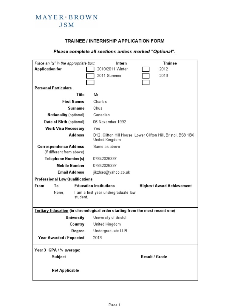 Trainee Internship Application Form | PDF | Academic Degree ...