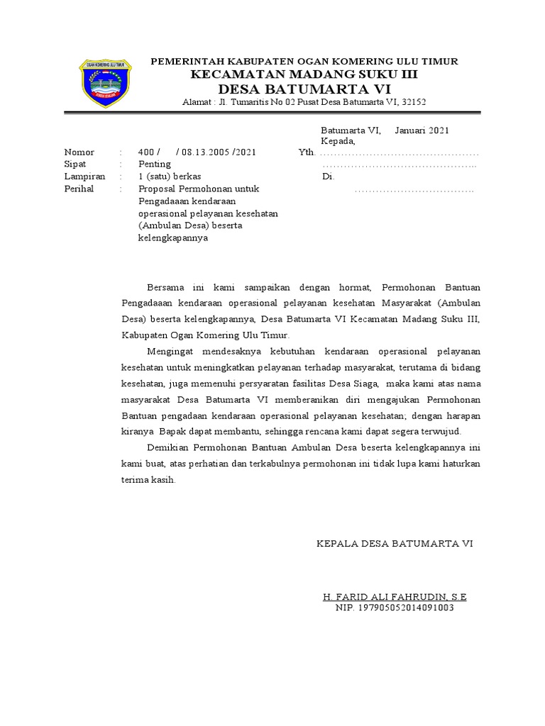 Proposal Ambulan Desa Batumarta VI | PDF | Ilmu Sosial