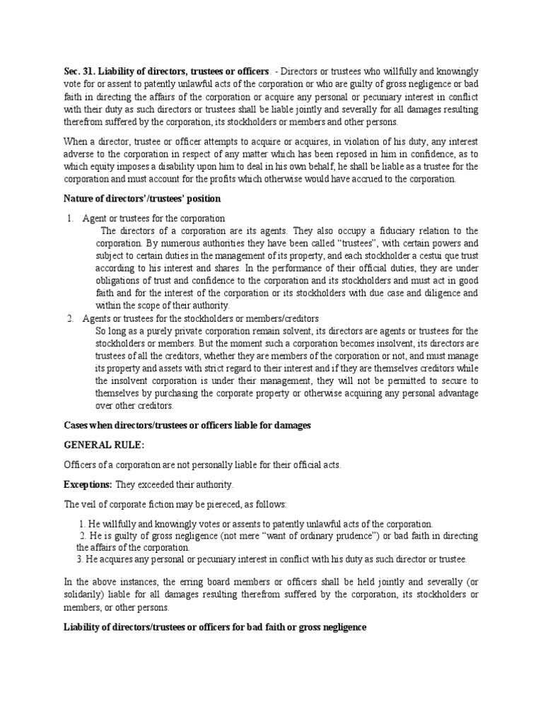 Directors' and Officers' Duties and Liabilities under Philippine
