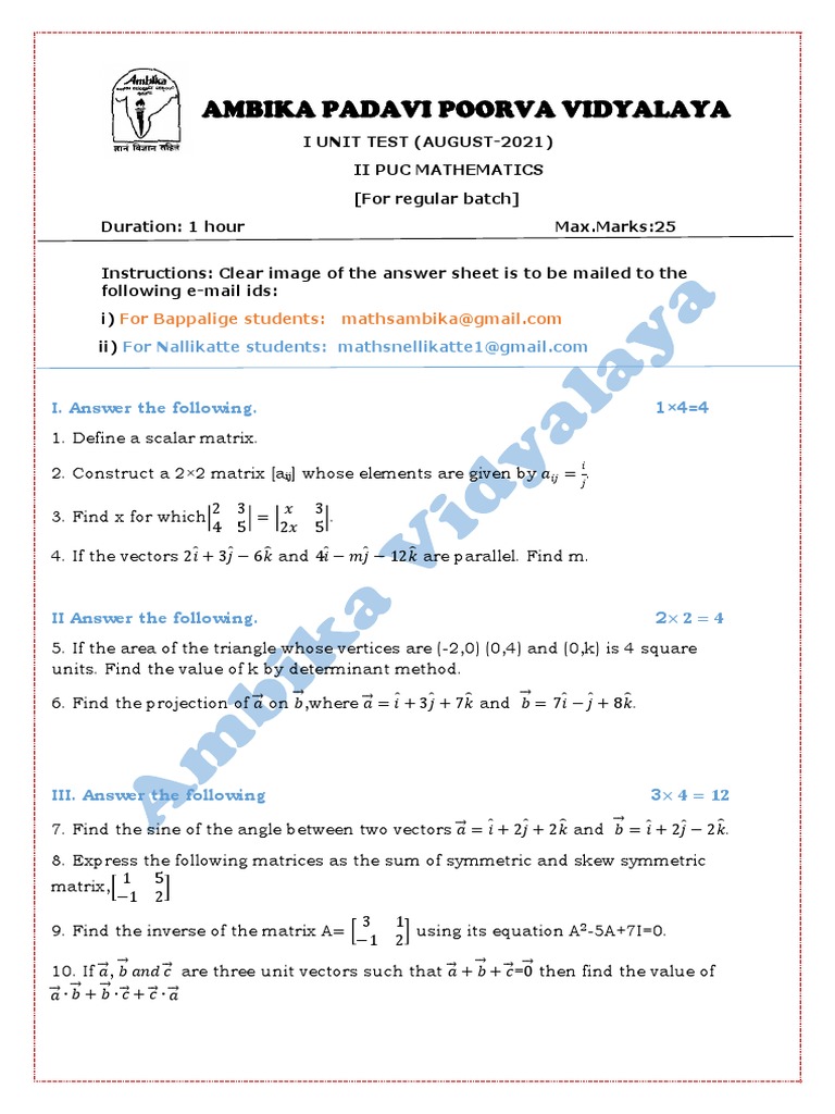 II PUC Mathematics Unit Test 2021 | PDF | Teaching Methods & Materials