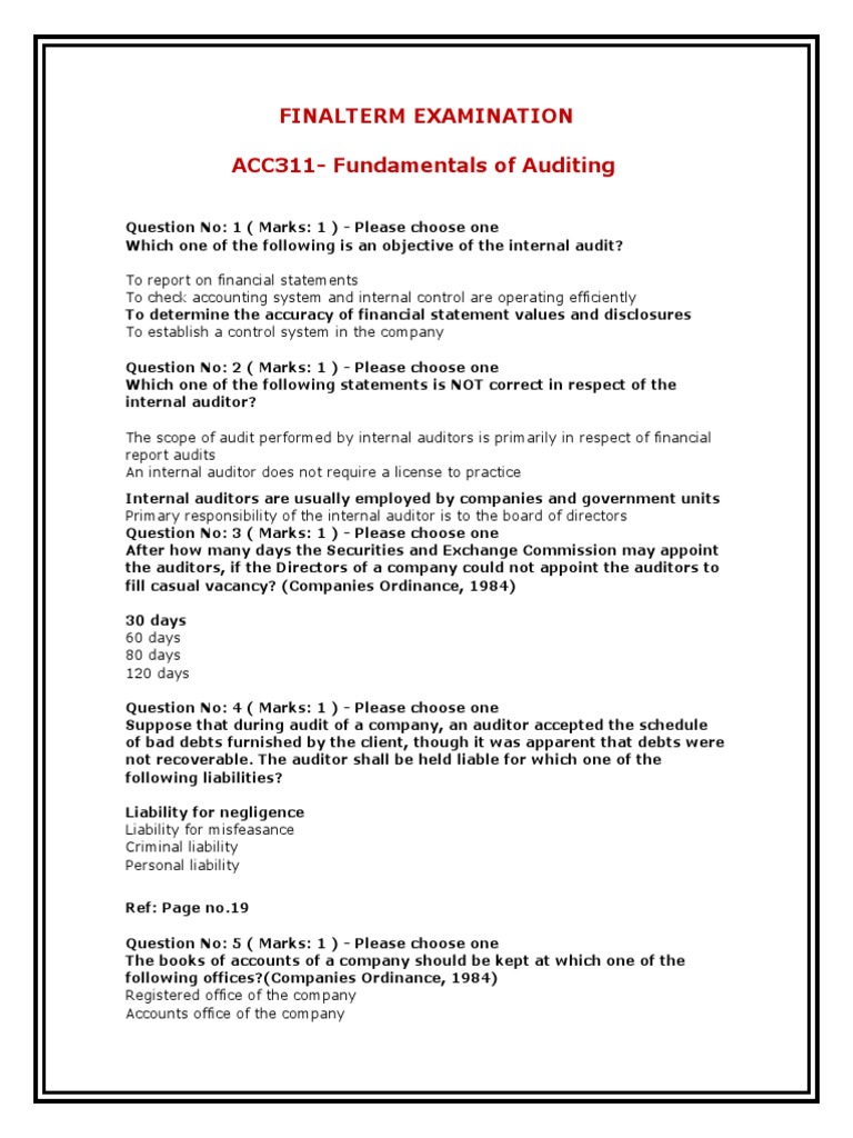 ACC311 Auditing Final Exam Questions | PDF | Audit | Internal Control