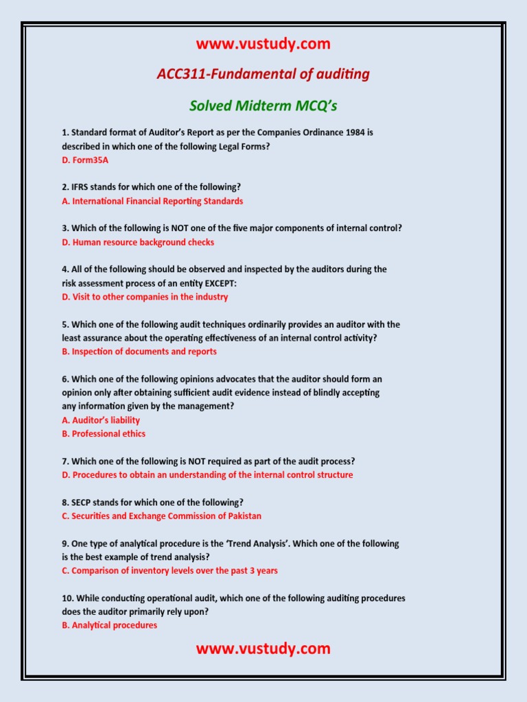 ACC311 Auditing Midterm MCQs Summary | PDF | Audit | Internal Control