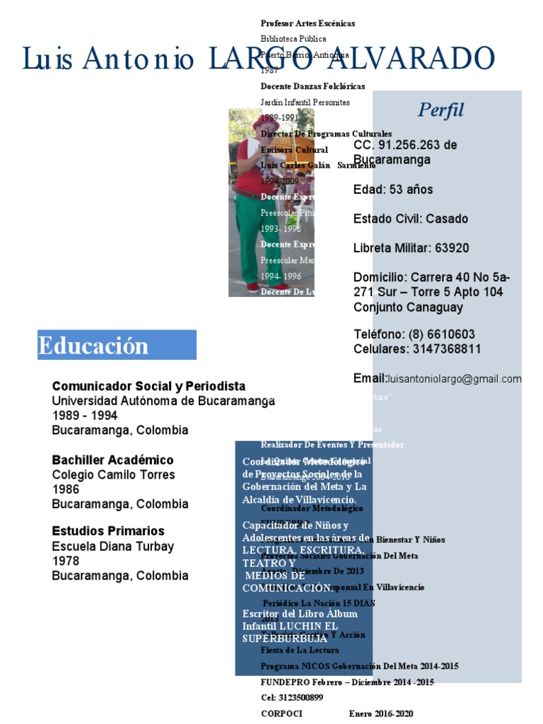 Hoja de Vida Escritor Luis Antonio Largo | PDF | Educación de la ...