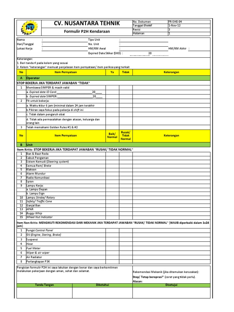 Formulir P2H Kendaraan Operasional | PDF